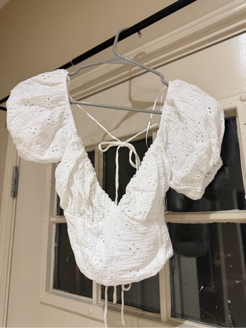 White Eyelet Puff-Sleeve Tie-Back Crop Top